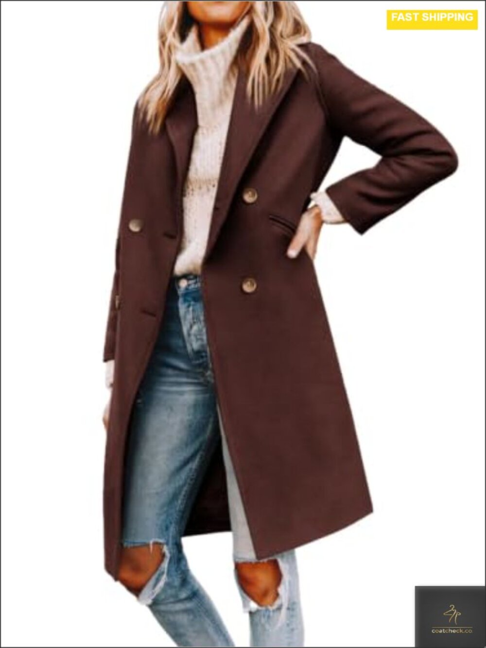 Women's Double Breasted Pea Coat Notched Lapel Mid Long Winter Wool Blend